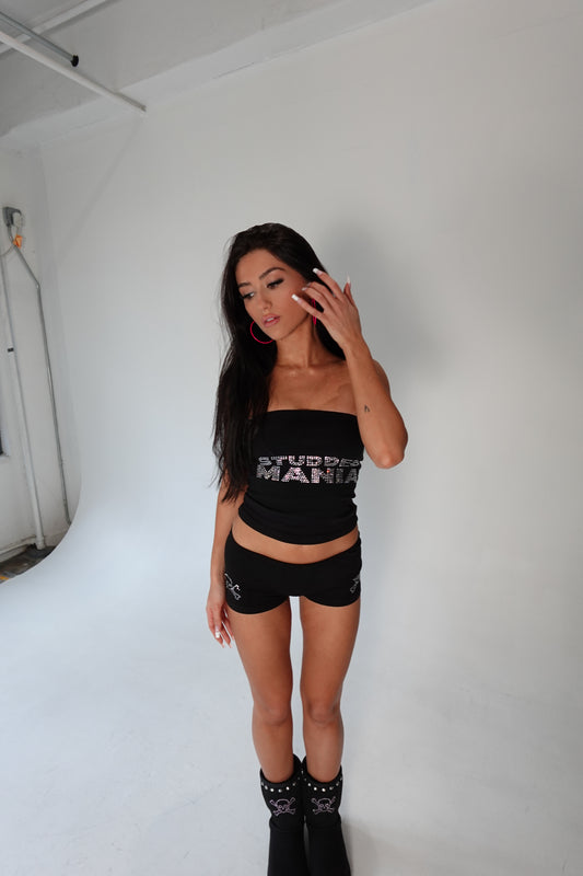 SKULL RHINESTONE BLACK MINI SHORTS (PRE-ORDER)